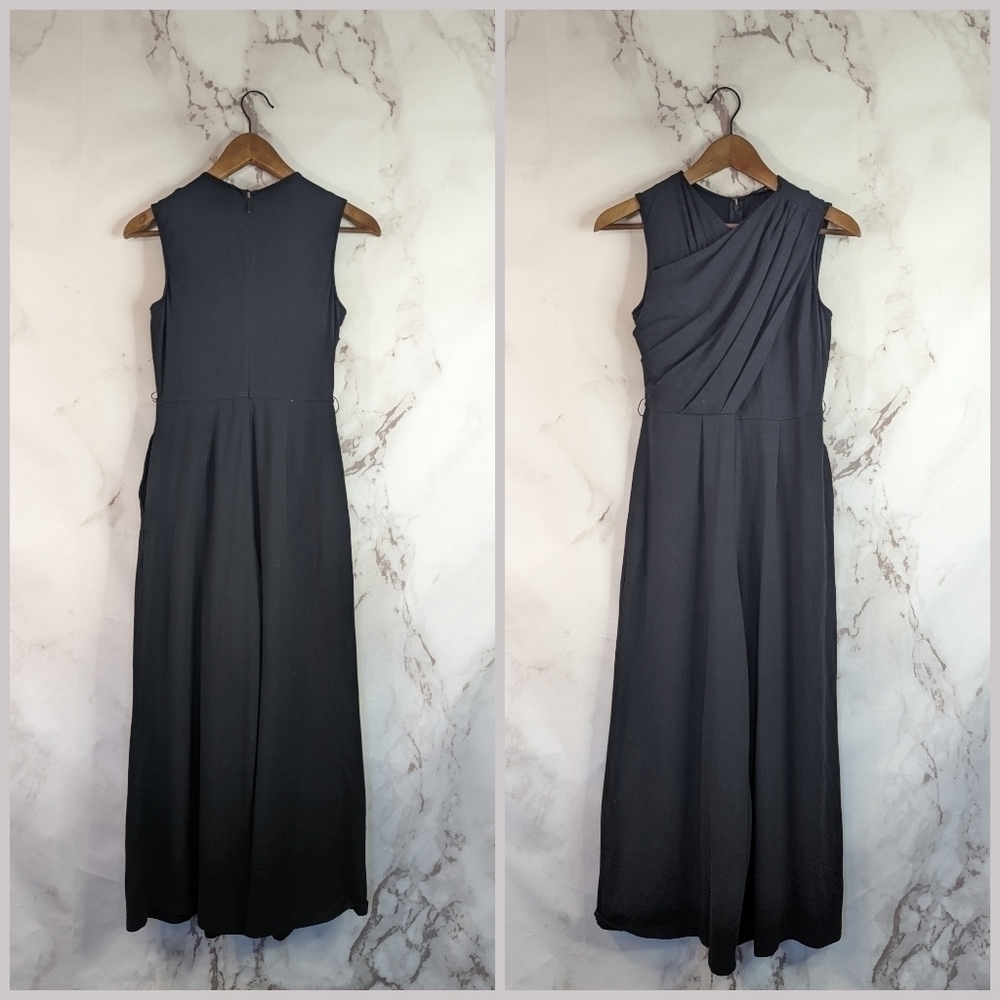 eShakti Jumpsuit Womens XS Black Wide Leg Tank Stretch Pockets Wrap Ruched Thick